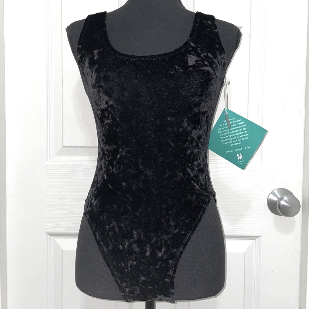 Vintage Flyte Leotard Bodysuit Tank Top Black Velvet NWT 80s 90s USA Made Sā - M